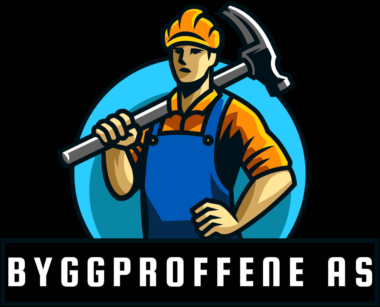 Rustikk byggearbeider med hammer og vernebriller i logo for Byggproffene.